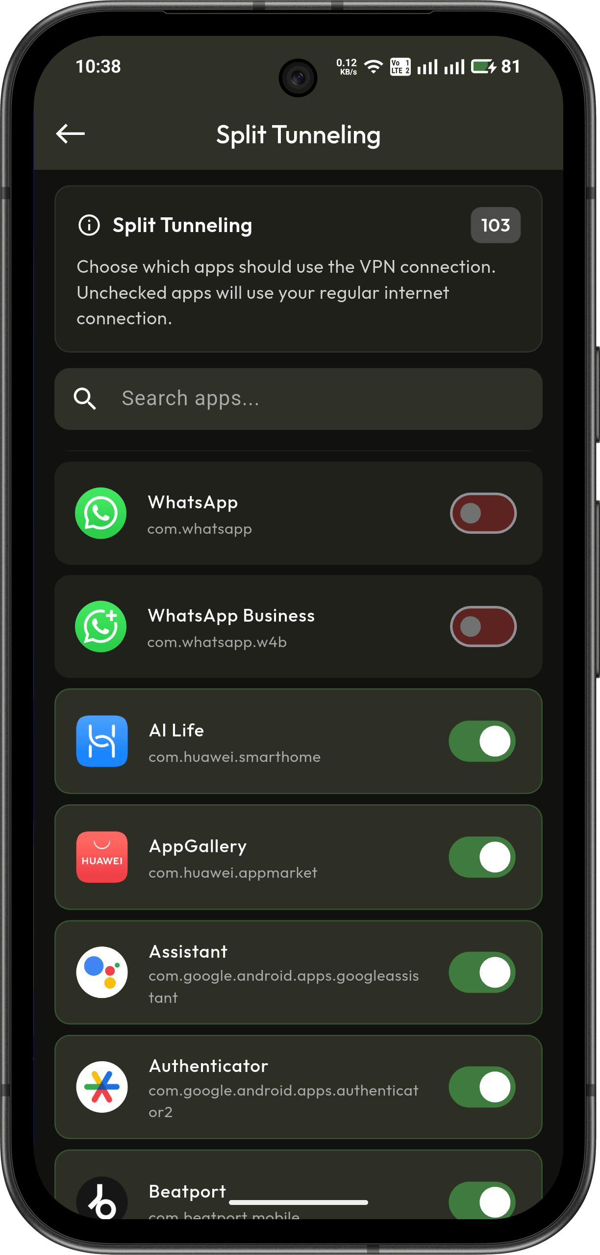 Split Tunneling per app